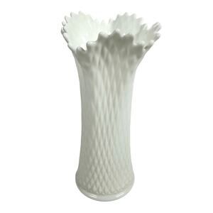 Westmoreland White Milk Glass Vintage Diamond Quilted Ruffled 12" Swung Vase